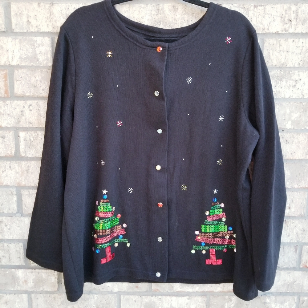 ONQUE WOMAN Christmas Holiday Snap Cardigan Sweater(1X /XL) Embellished sweater